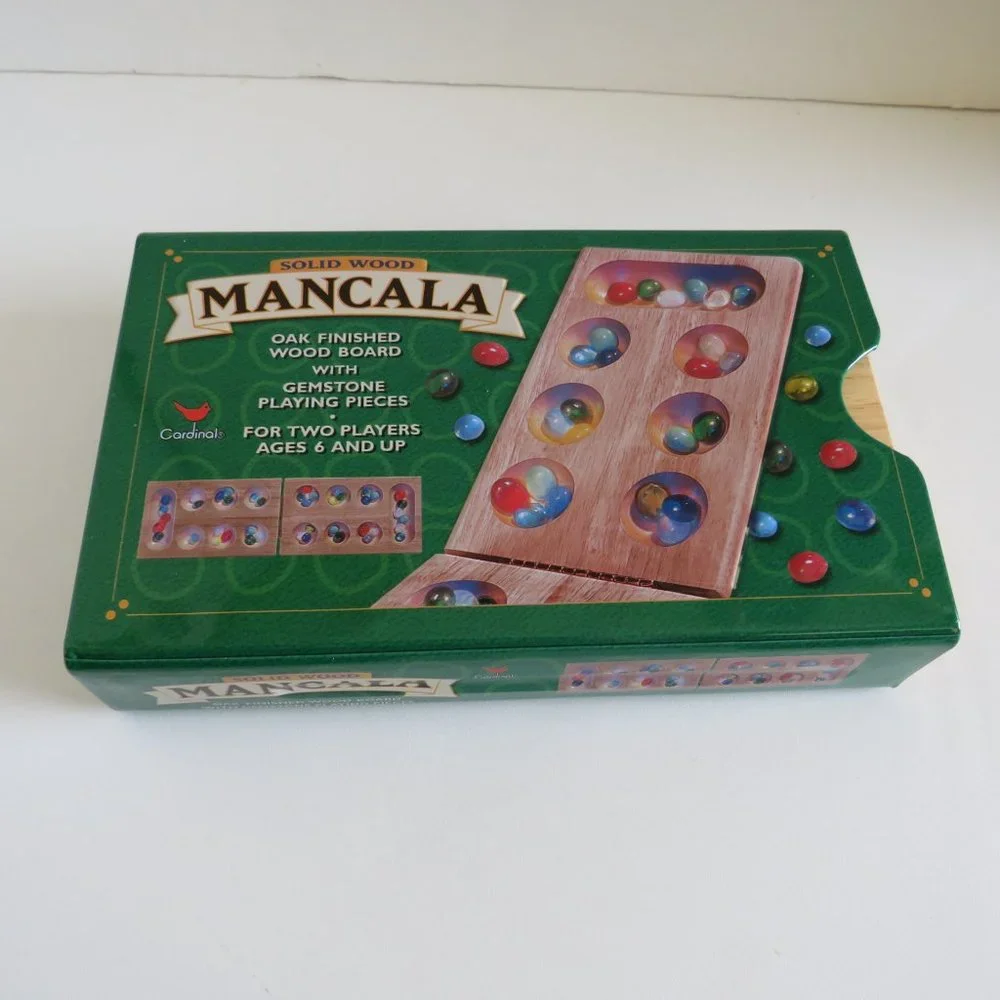 MANCALA GAME Solid Oak Wood Tray, Metal box & 47 Marbles